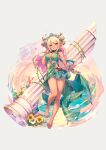  1girl barefoot blonde_hair breasts cleavage coral dark_skin dark_skinned_female draph flower granblue_fantasy green_skirt highres horn_flower horns kuvira_(granblue_fantasy) large_breasts long_hair ocean pillar pilokey pointy_ears skirt tiara 