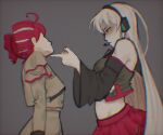  2girls absurdly_long_hair cami_arriaga_c commentary crop_top drill_hair english_commentary grey_jacket highres jacket kasane_teto kasane_teto_(sv) long_hair miniskirt multiple_girls red_eyes red_hair skirt sukone_tei synthesizer_v twin_drills utau very_long_hair white_hair 