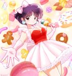  1girl bangs black_eyes blue_hair blurry blurry_foreground bow bow_choker breasts bubble_skirt candy choker cleavage cookie cupcake cyocomi4 depth_of_field doughnut dress earrings eyebrows_visible_through_hair food frilled_dress frills gingerbread_man gloves hair_bow holding holding_food ice_cream_cone idol jewelry konpeitou licorice_(food) macaron medium_breasts music outstretched_arm pink_bow pink_choker pink_dress ranma_1/2 short_dress short_hair singing skirt solo tendou_akane twitter_username white_gloves 