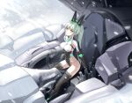  1girl black_gloves bodysuit breasts chinese_commentary commentary_request dated gloves green_hair highres impossible_clothes impossible_leotard leotard mecha_musume medium_breasts multicolored_hair pianist_(pixiv_fantasia_last_saga) pixiv_fantasia pixiv_fantasia_last_saga sitting snowing two-tone_hair white_hair xsk_(ruanmumu) yellow_eyes 