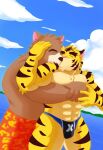  abs anthro bear clothed clothing cloud detailed_background duo felid fur juuichi_mikazuki kissing landscape male male/male mammal morenatsu pantherine pecs pink_nose sky slightly_chubby slightly_chubby_male speedo speedo_only striped_body striped_fur stripes swimwear tiger topless torahiko_(morenatsu) wo 