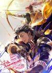  2boys black_hair blue_eyes bow_(weapon) claude_von_riegan earrings facial_hair fire_emblem fire_emblem:_path_of_radiance fire_emblem:_radiant_dawn fire_emblem:_three_houses fire_emblem_heroes gloves highres holding holding_weapon jewelry looking_at_viewer looking_away multiple_boys ponytail red_hair shinon_(fire_emblem) wada_sachiko weapon 