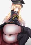  1girl absurdres ass black_footwear black_headwear black_panties blonde_hair blush boots closed_mouth eyebrows_visible_through_hair girls_frontline green_eyes hat heart heart_print highres long_hair looking_at_viewer martinreaction military military_hat military_uniform panties sitting smile solo stg44_(girls_frontline) thigh_boots thighhighs thighs underwear uniform white_background 