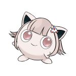  1girl absurdres bangs cosplay danganronpa_(series) danganronpa_2:_goodbye_despair eyebrows_visible_through_hair flipped_hair full_body gen_1_pokemon hair_ornament highres jigglypuff light_brown_hair looking_at_viewer medium_hair nanami_chiaki nanami_chiaki_(cosplay) no_humans oh_1103 pink_eyes pokemon pokemon_(creature) simple_background smile solo spaceship_hair_ornament white_background 