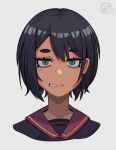  1girl bangs black_hair black_shirt calponpon face green_eyes grey_background looking_at_viewer original parted_lips portrait shadow shirt short_hair simple_background solo 
