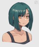  1girl bangs black_tank_top blunt_ends calponpon collarbone ear_piercing expressionless eyebrows_visible_through_hair face green_hair grey_background original piercing short_hair simple_background solo tank_top yellow_eyes 