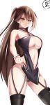  1girl arm_strap azur_lane bare_hips bare_shoulders black_legwear black_panties blush breasts brown_hair cameltoe center_opening clothing_cutout criss-cross_halter halterneck highres ishida_katsuzane large_breasts lifted_by_self long_hair navel_cutout official_alternate_costume panties pelvic_curtain race_queen simple_background sleeveless solo thighhighs underwear white_background wrist_cuffs yellow_eyes zuikaku_(azur_lane) zuikaku_(the_wind&#039;s_true_name)_(azur_lane) 