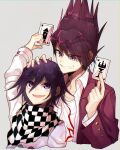  2boys :d argyle argyle_background arm_up bangs black_hair card checkered checkered_background checkered_scarf collarbone commentary_request cropped_torso danganronpa_(series) danganronpa_v3:_killing_harmony facial_hair goatee grey_background grin hair_between_eyes hand_on_another&#039;s_head hands_up highres holding holding_card jacket kitsunebi_v3kokonn long_sleeves male_focus momota_kaito multiple_boys open_clothes open_mouth open_shirt ouma_kokichi pink_jacket playing_card print_shirt purple_eyes purple_hair scarf shirt simple_background smile spiked_hair straitjacket upper_body white_shirt 