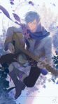  1boy blue_hair boots chain clock closed_eyes commentary flower guitar highres instrument kaito logo male_focus music petals playing_instrument scarf sennen_no_dokusou_uta_(vocaloid) short_hair signature smile solo spencer_sais vocaloid wind 