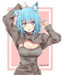  1girl absurdres ahoge animal_ear_fluff animal_ears animare arms_up blue_eyes blush breasts cat_ears cleavage closed_mouth commentary ear_piercing eyelashes fuusuke_(fusuke208) grey_sweater grey_tank_top hair_ornament highres light_blue_hair long_sleeves looking_at_viewer medium_breasts piercing pink_background short_hair shrug_(clothing) simple_background smile solo souya_ichika sweater tank_top tongue tongue_out twitter_username upper_body virtual_youtuber x_hair_ornament 