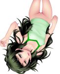  1girl blunt_bangs bottomless breasts collar commentary_request covered_nipples dress green_collar green_eyes green_hair green_panties green_tank_top highres hiyajou_maho jacket long_hair looking_at_viewer lower_teeth_only lying messy_hair on_back open_mouth panties pussy science_adventure small_breasts solo steins;gate steins;gate_0 tank_top teeth tongue uncensored underwear very_long_hair white_background yantaka 
