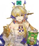  1girl absurdres arknights artist_name blonde_hair blue_hair character_print collarbone colored_extremities colored_skin commentary_request dragon_horns earrings eastern_dragon_horns food food_wrapper french_fries grey_hair hair_ornament hair_stick highres holding holding_food horns jewelry long_hair looking_at_viewer multicolored_hair multicolored_horns parted_lips pointy_ears pun qin-meow red_pupils self_character_print shu_(arknights) simple_background snack solo upper_body very_long_hair white_background yellow_skin 