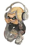  1girl black_shirt braid brown_hair chrouching commentary_request hands_on_own_face headphones highres inkling inkling_girl inkling_player_character ka_pus long_hair long_sleeves shirt shoes simple_background smile splatoon_(series) splatoon_3 squinting tagme tentacle_hair white_background 