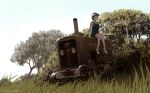  1girl artist_name baseball_cap dead-robot grass hat knees_together_feet_apart looking_at_viewer naked_overalls original outdoors overall_shorts overalls overgrown rural scenery short_hair sitting sky smile tractor tree 