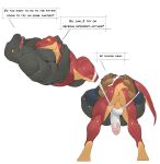 2026 absurd_res anthro balls big_penis clothing cxcxxcxxxx dialogue dinosaur duo english_text genitals grey_body hi_res hug male male/male multicolored_body muscular muscular_anthro muscular_male nude_anthro nude_male panties penis prehistoric_species red_body reptile scalie speech_bubble tail text two_tone_body underwear white_clothing white_panties white_underwear yellow_body yellow_sclera