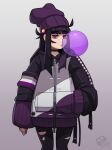  1girl asexual_flag beanie black_hair calponpon claire_(calponpon) cowboy_shot gradient gradient_background hat hood hoodie lesbian_flag long_hair long_sleeves looking_at_viewer original purple_headwear red_eyes sleeves_past_wrists solo torn_clothes torn_legwear 