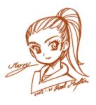  1girl 2007 artist_name bad_id character_name closed_mouth commentary_request cursive dated english_text engrish_text eyelashes hair_pulled_back hair_tie half_updo hatching_(texture) korean_commentary linear_hatching lineart looking_to_the_side lowres mary_(taekwon_v) monochrome ponytail ranguage roadmaxter simple_background smile solo taekwon_v upper_body white_background 