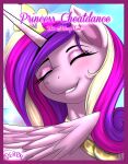  absurd_res crown derpx1 equid equine eyes_closed female feral friendship_is_magic hi_res horn mammal my_little_pony pink_body princess_cadance_(mlp) royalty smile solo text winged_unicorn wings 