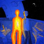  1girl 1other absurdres apple banana blue_theme bottle braid closed_mouth commentary_request cup drinking_glass expressionless eyebrow_piercing face_piercing food fruit fruit_bowl glowing grapes hair_ornament hair_over_shoulder highres holding_hands nervous_system orange_theme original piercing pill planet ryaw science_fiction single_braid sitting space spacecraft_interior sparkle spot_color star_(sky) window wine_bottle x_hair_ornament 