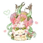  1girl :3 antlers beads braid bright_pupils brown_horns bug bun_with_braided_base butterfly cherry_blossoms chibi chinese_commentary choker circlet closed_mouth commentary_request double_bun downturned_eyes dress eyelashes flower forehead_jewel forest's_song_(infinity_nikki) gem gold_circlet gradient_horns green_choker green_dress green_eyes green_gem green_horns green_ribbon guayanshaoyuhuangshaotian85937 hair_beads hair_bun hair_ornament hair_ribbon hair_tubes hairband halter_dress halterneck heart highres holding holding_flower horns infinity_nikki leaf leaf_hair_ornament long_dress long_hair looking_at_animal multicolored_horns nikki_(series) petticoat pink_flower pink_hair ribbon simple_background sparkle sproutborne_behemoth_(infinity_nikki) tareme twin_braids white_background white_pupils yellow_hairband 
