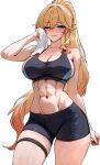  1girl abs absurdres alternate_costume black_shorts black_sports_bra blonde_hair blue_eyes breasts commentary durandal_(honkai_impact) english_commentary groin highres holding holding_towel honkai_(series) honkai_impact_3rd large_breasts long_hair midriff navel one_eye_closed parted_lips rhilarion shorts simple_background solo sports_bra thigh_strap thighs towel very_long_hair white_background yoga_shorts 