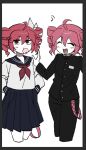 2girls black_jacket black_pants blue_sailor_collar blue_skirt chewing_gum drill_hair dual_persona gakuran hair_ribbon jacket kasane_teto kasane_teto_(sv) kasane_teto_(utau) multiple_girls neckerchief pants red_neckerchief ribbon sailor_collar school_uniform serafuku skirt smile synthesizer_v ttnsfw0401 twin_drills utau 