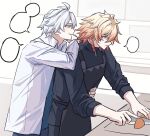  2boys absurdres antenna_hair apron black_apron black_pants black_sweater blank_speech_bubble blonde_hair blue_eyes braid collared_shirt commentary_request cutting_board facial_tattoo gradient_hair hand_on_another's_waist highres holding holding_knife honkai:_star_rail honkai_(series) knife korean_commentary male_focus medium_hair multicolored_hair multiple_boys mydei_(honkai:_star_rail) pants parted_bangs phainon_(honkai:_star_rail) red_hair red_tattoo shirt short_hair side_braid speech_bubble sugarsalt_o sweater tattoo turtleneck turtleneck_sweater white_hair white_shirt yellow_eyes 