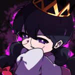  1girl black_hair bow braid crown dark_background dress evil_grin evil_smile glasses grin hair_between_eyes hair_bow half-closed_eyes highres kirby_(series) kirby_64 long_hair poyo_party purple_eyes ripple_star_queen round_eyewear smile twin_braids white_dress 