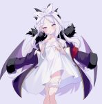  1girl absurdres ahoge armband blue_archive blush choker commentary_request demon_girl demon_horns demon_wings dress finger_to_mouth frilled_choker frilled_thigh_strap frills fur-trimmed_jacket fur_trim hair_between_eyes highres hina_(blue_archive) horns jacket jacket_on_shoulders multiple_horns purple_background purple_eyes purple_jacket red_armband ru_(oruoruz) simple_background sleepwear solo thigh_strap white_choker white_dress white_hair wings 