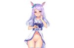  animal_ears anthropomorphism awata_mokane censored long_hair mejiro_mcqueen navel nopan purple_eyes purple_hair pussy pussy_juice school_uniform skirt skirt_lift thighhighs uma_musume:_pretty_derby white 