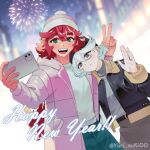  2girls arm_around_neck black_jacket blush cellphone closed_mouth coat commentary earrings fang fireworks grey_eyes gundam gundam_suisei_no_majo hand_up happy_new_year highres holding holding_phone jacket jewelry long_hair miorine_rembran multiple_girls open_mouth outdoors phone pink_coat red_hair ring selfie shirt smartphone smile stud_earrings suletta_mercury taking_picture thick_eyebrows twitter_username v waving wedding_ring white_hair white_shirt wife_and_wife yuri yurisuki00 