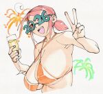  1girl 2026 3amsoda ahoge alcohol bare_shoulders bikini breasts brown_eyes champagne commentary criss-cross_halter cup english_commentary fireworks glasses halterneck holding holding_cup huge_breasts looking_at_viewer new_year number_glasses open_mouth orange_bikini original parted_bangs pink_hair ponytail short_ponytail shrimp_girl_(3amsoda) sideboob sidelocks smile solo swimsuit underboob upper_body v 