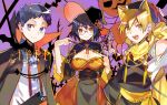  1girl 2boys absurdres animal_ears black_gloves black_hair blonde_hair blue_eyes blue_hair breasts cape chinese_clothes cleavage cleavage_cutout clothing_cutout commentary_request dress durarara!! earrings fingerless_gloves fox_ears glasses gloves halloween halloween_costume happy_halloween hat highres holding holding_wand jack-o'-lantern jewelry kida_masaomi large_breasts looking_at_viewer multiple_boys open_mouth orange_eyes pa_yashi purple_background red_eyes ryuugamine_mikado scarf short_hair silk smile sonohara_anri spider_web tassel wand witch_hat yellow_eyes yellow_scarf 
