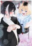  2girls :d aki_(rerrere) black_hair black_jacket blonde_hair blue_eyes blue_scarf commentary_request cross cross_earrings earrings ema floral_print floral_print_kimono haru_(rerrere) highres jacket japanese_clothes jewelry kimono multicolored_hair multiple_girls open_clothes open_jacket original print_kimono rerrere roots_(hair) scarf short_hair smile streaked_hair sweater white_sweater 
