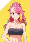  1girl abs bare_shoulders blonde_hair blush breasts cleavage collarbone commentary halftone highres idolmaster idolmaster_million_live! large_breasts looking_at_viewer maihama_ayumu multicolored_hair pink_eyes pink_hair ponytail sleeveless smile smirk solo strapless streaked_hair takahashi_umori tubetop upper_body 