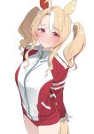  1girl absurdres ahoge animal_ears arms_behind_back blonde_hair blush buruma cowboy_shot ear_covers fusaichi_pandora_(umamusume) hair_between_eyes highres horse_ears horse_girl horse_tail jacket kawai_ritsu_(rits_meg) long_hair looking_at_viewer mismatched_ear_covers multicolored_hair multicolored_jacket red_buruma red_eyes red_jacket simple_background smile solo streaked_hair tail thighs tracen_training_uniform track_jacket twintails umamusume white_background white_streaks yellow_tail 