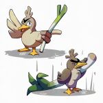  beak bird commentary english_commentary farfetch'd food galarian_farfetch'd holding holding_food holding_spring_onion holding_vegetable looking_at_viewer mistray-art no_humans numbered pokemon pokemon_(creature) regional_and_normal signature simple_background spring_onion vegetable white_background 
