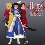  absurdres archer_(fate) archer_(fate)_(cosplay) armor armored_boots armored_dress artoria_pendragon_(fate) black_skirt black_thighhighs blonde_hair blue_dress blush boots braid breastplate brown_hair cassandra_(tangled) commentary cosplay dress english_commentary excalibur_(fate/stay_night) fate/stay_night fate_(series) flynn_rider from_behind gem gradient_background happy_halloween highres holding holding_gem holding_sword holding_weapon jewelry juliet_sleeves lipstick long_braid long_dress long_hair long_sleeves looking_at_viewer looking_back makeup mehefin013 miniskirt nose_blush puffy_sleeves rapunzel_(disney) red_lips red_sweater saber_(fate) saber_(fate)_(cosplay) short_hair short_sword single_braid skirt sweater sword thighhighs tohsaka_rin tohsaka_rin_(cosplay) variant_set weapon 