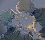  2boys alcohol blonde_hair challia_bull char_aznable closed_mouth commentary_request cup drinking_glass elbow_gloves epaulettes eye_contact facial_hair from_side gloves green_hair grey_background gundam gundam_gquuuuuux hand_on_another's_chin highres looking_at_another male_focus multiple_boys mustache ntikey704 short_hair simple_background smile upper_body white_gloves wine wine_glass yaoi 