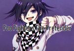  1boy :d bangs black_hair checkered checkered_scarf commentary_request danganronpa_(series) danganronpa_v3:_killing_harmony gradient gradient_background hair_between_eyes hand_up jacket kitsunebi_v3kokonn long_sleeves looking_at_viewer male_focus open_mouth ouma_kokichi purple_background purple_eyes purple_hair scarf shiny shiny_hair short_hair smile solo straitjacket thumbs_down tongue tongue_out upper_body upper_teeth white_jacket 