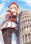  1girl absurdres alternate_costume beret black_gloves black_legwear blonde_hair blue_eyes blue_sky blush bm59_(girls_frontline) breasts cleavage closed_mouth eyebrows_visible_through_hair giant giantess girls_frontline gloves hair_ribbon hand_on_hip hat highres long_hair looking_at_viewer martinreaction medium_breasts panties panties_under_pantyhose pantyhose red_headwear ribbon skirt sky solo standing twintails underwear unhappy white_skirt 