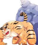  2021 anthro arufina_w belly canid canine canis domestic_dog duo eyes_closed felid humanoid_hands kemono male male/male mammal moobs nipples overweight overweight_male pantherine simple_background tiger white_background 