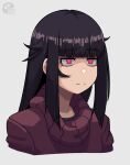  1girl bangs black_hair blunt_bangs calponpon claire_(calponpon) expressionless face grey_background long_hair original pink_eyes portrait shadow simple_background solo sweater 
