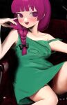  1girl @_@ absurdres blush bocchi_the_rock! chair collarbone dress green_dress hair_over_shoulder hand_on_own_face highres hiroi_kikuri isago_ganma looking_to_the_side no_lineart off_shoulder on_chair purple_eyes purple_hair sharp_teeth solo spread_legs teeth thighs 