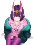  1girl bangs black_jacket blush bob_cut breasts casual contemporary drawstring eyeliner fate/grand_order fate_(series) headpiece highres hood hooded_jacket hooded_sweater horns incloud jacket long_sleeves looking_at_viewer makeup oni oni_horns open_clothes open_jacket pink_sweater purple_eyes purple_hair short_hair shuten_douji_(fate) simple_background skin-covered_horns small_breasts smile sweater under_the_same_sky white_background 