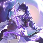  1girl artist_name braid breasts cleavage closed_eyes clothing_cutout commentary_request electricity genshin_impact glowing glowing_sword glowing_weapon hair_ornament head_tilt highres holding holding_polearm holding_sword holding_weapon japanese_clothes katana kimono lingerie long_braid looking_at_viewer looking_to_the_side mole mole_under_eye multicolored_hair musou_isshin_(genshin_impact) neck_ribbon off_shoulder polearm purple_eyes purple_hair purple_kimono raiden_shogun red_ribbon red_sash ribbon sash shade shoulder_cutout single_braid solo standing streaked_hair sword thighs underwear upper_body weapon xrchuan_(annaxrc) 