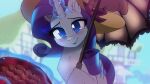  2021 absurd_res blurred_background blush candy chocolate cutie_mark dessert equid equine eyebrows eyelashes female feral food friendship_is_magic hi_res horn light262 looking_at_viewer mammal my_little_pony outside rarity_(mlp) solo umbrella unicorn 