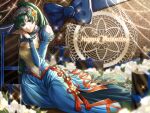  1girl alternate_costume blue_dress bow box breasts cleavage delsaber dress fire_emblem fire_emblem_heroes gift gift_box green_eyes green_hair hair_ornament highres large_breasts looking_at_viewer lyn_(fire_emblem) ponytail side-tie_dress smile valentine 