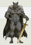 2025 4_toes 5_fingers abs ankle_wraps anthro b1tw0lf_(b1tw0lf) back_scabbard barefoot biceps big_muscles biped black_claws black_nose black_pawpads broad_shoulders broadsword bulge calf_muscles canid canine canis cheek_tuft chin_tuft claws cloak clothing deltoids digitigrade facial_tuft feet finger_claws fingers fur grey_body grey_fur grey_nipples harness hi_res huge_muscles looking_at_viewer male mammal melee_weapon muscular muscular_anthro muscular_male navel nipples orange_eyes pacelic pawpads paws pecs quads scabbard shaded simple_background smaller_version_at_source snout solo standing sword tail toe_claws toes trapezius triceps tuft underwear weapon whisker_spots wolf wraps wrist_wraps