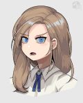  1girl blue_eyes blue_ribbon brown_hair calponpon collared_shirt face grey_background long_hair looking_at_viewer open_mouth original portrait ribbon shadow shirt simple_background solo white_shirt 